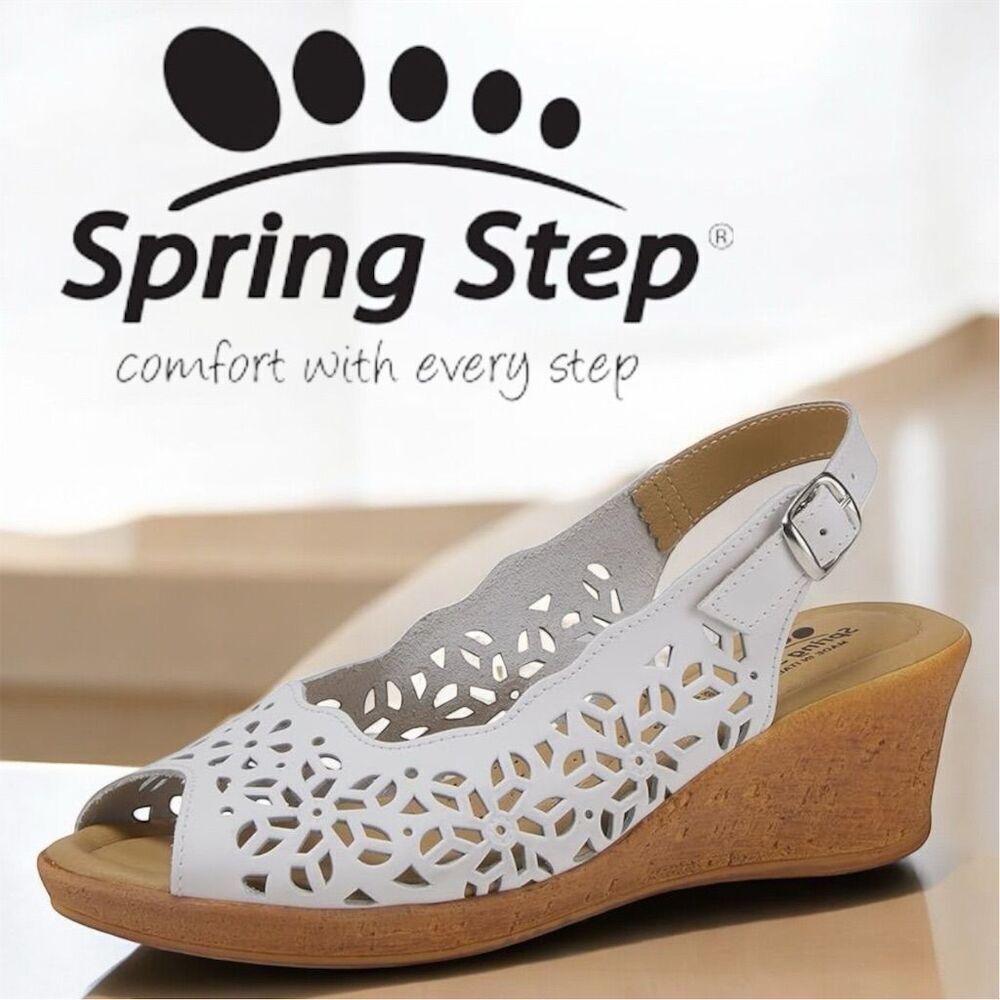 Spring Step Women's White Floral Cutout Slingback Lightweight Sandals Wedge Heel